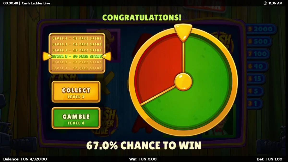 Interface do jogo de slot Cash Ladder Live com estúdio de TV e escada de prêmios