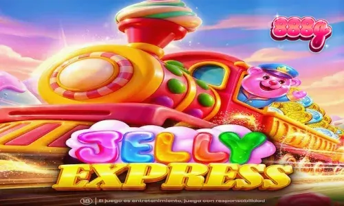 Interface colorida e vibrante do slot Jelly Express com símbolos de doces e trens
