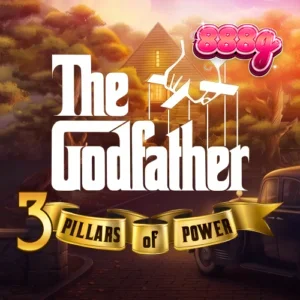 Captura de tela do jogo The Godfather: 3 Pillars of Power, mostrando a grade de 5x3 com símbolos temáticos de máfia e os três pilares de bônus acima dos rolos.